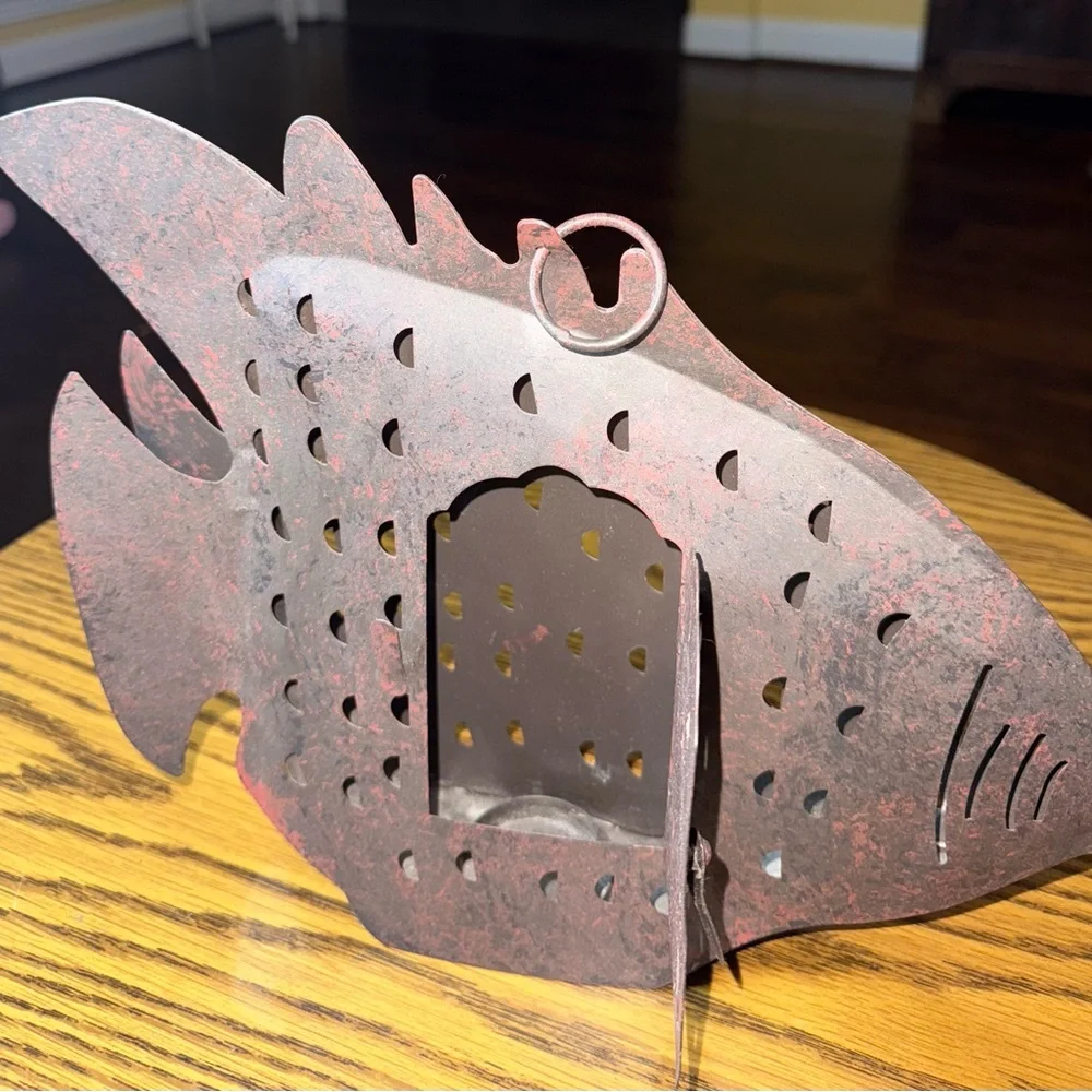 Vintage Fish-Shaped Metal Lantern- Red and Black